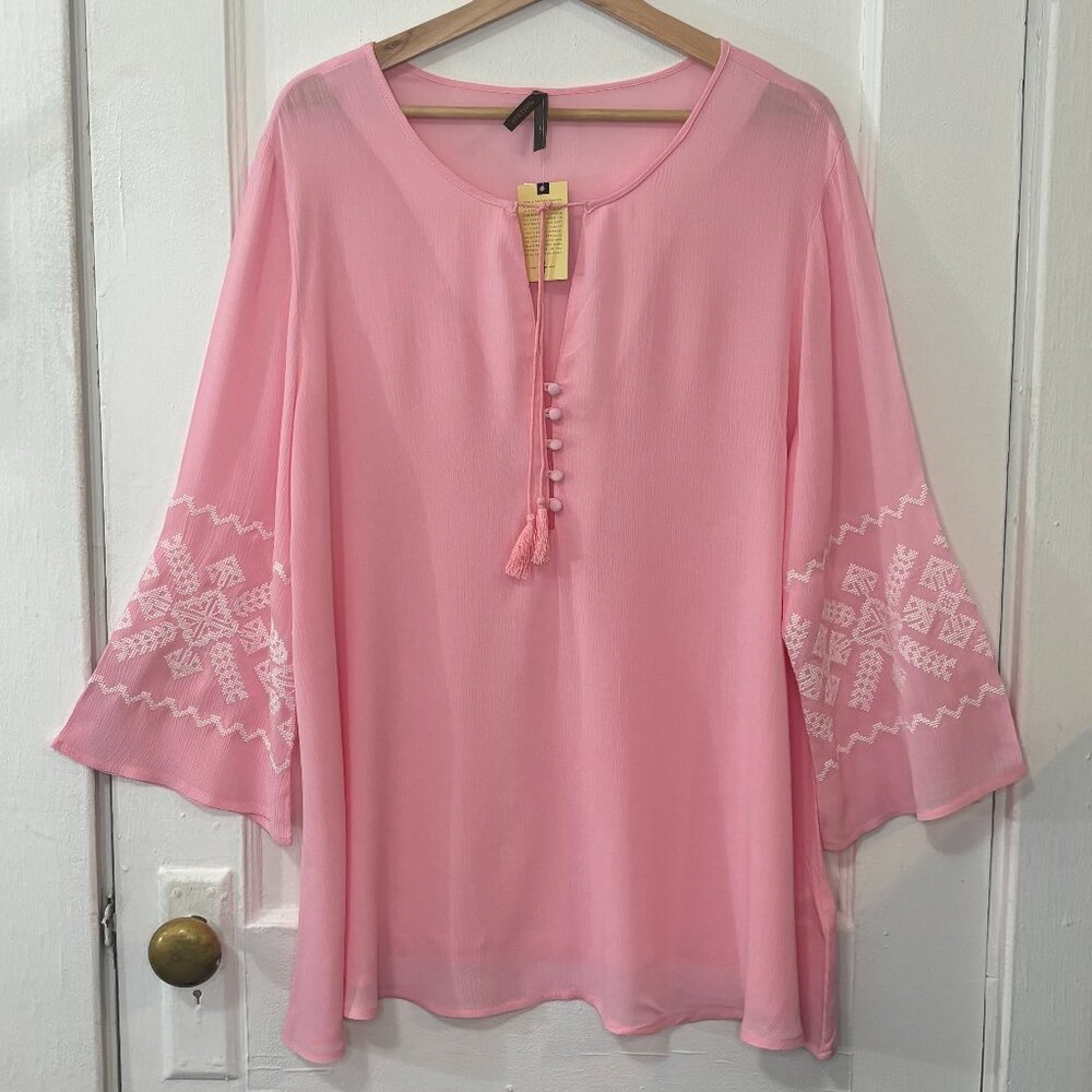 NWT Stetson Women's Western Embroidered Tunic Top Blouse-Pink-Semi Sheer-Sz L